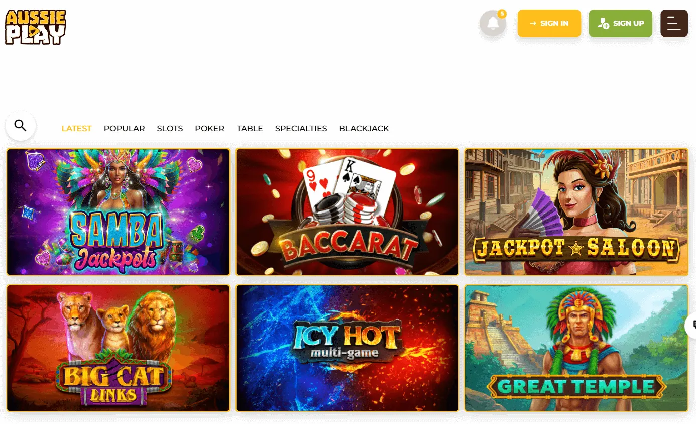 Aussie Play Casino desktop games screen
