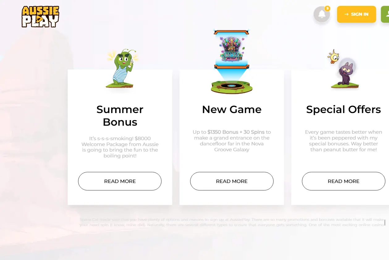 Aussie Play Casino desktop promotions screen
