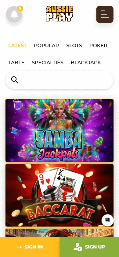 Aussie Play Casino mobile games screen